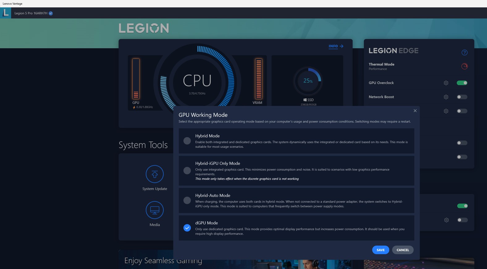 lenovo vantage hybrid mode lenovo legion vantage